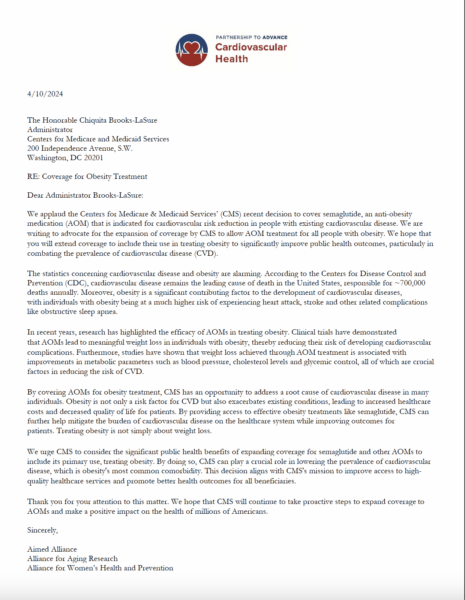 Letter from PACH to Administrator Brooks-LAaSure about semaglutide and obesity coverage