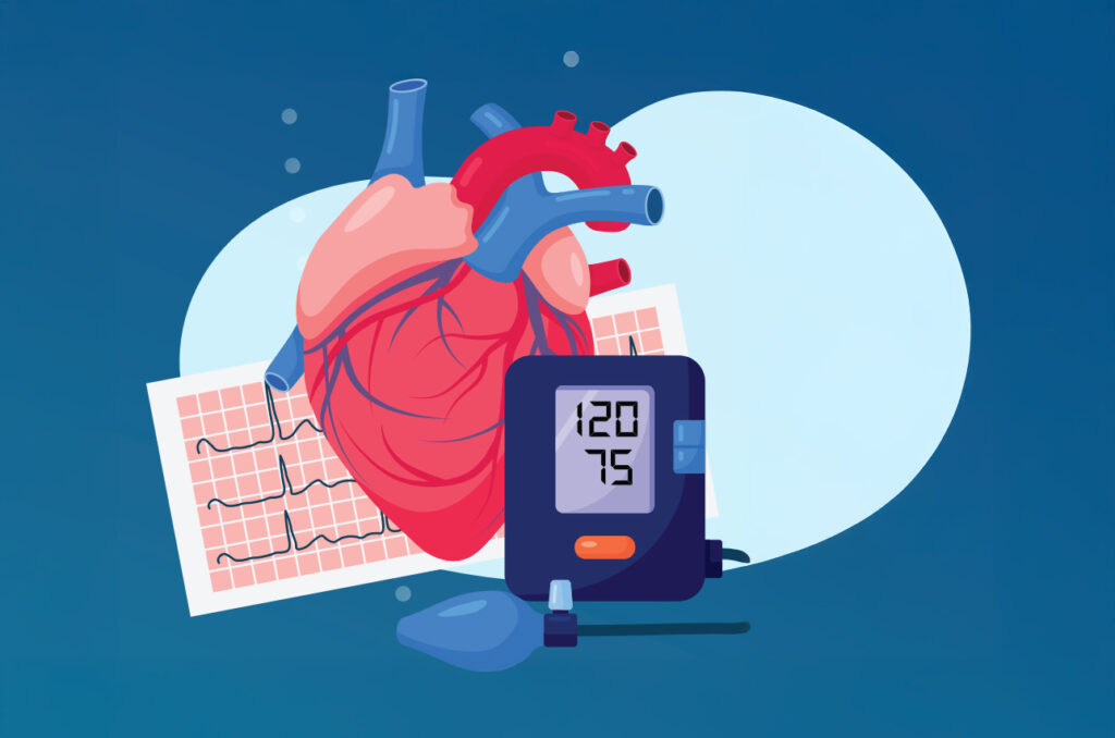 Graphic of a echocardiogram, heart, and blood pressure monitor.