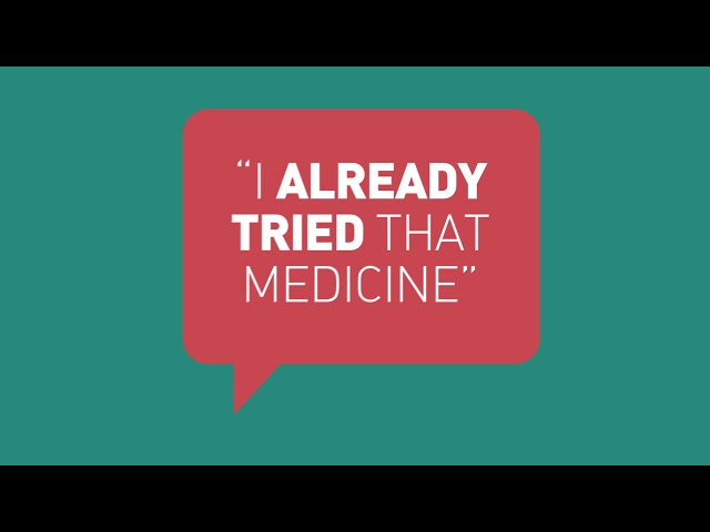 A solid background, with a text bubble graphic including a common complaint from heart patients saying "I already tried that medicine", indicating that the medicine they received was not effective.