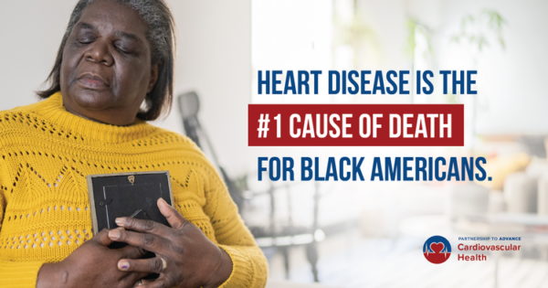 Black woman closing her eyes holding her tablet close to her body in pain, with text saying "Heart Disease is the #1 cause of death for black americans"