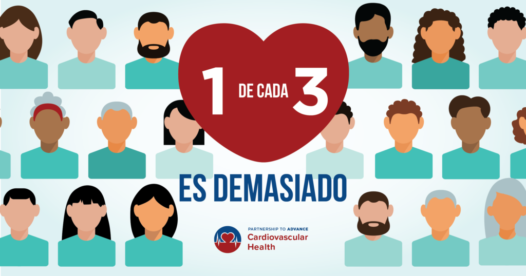 Graphic featuring icons that represent groups of people, with a statistic in the center about hypertension patients presented in Spanish.