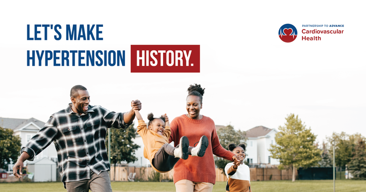 Family smiling and laughing together in a field, with text saying "let's make hypertension history"