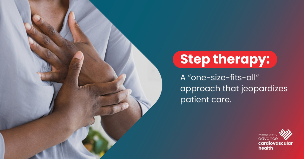 Image of a woman holding her hands over her heart, with the definition of step therapy.