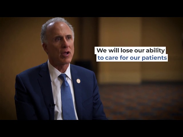 Image of Dr. Seth Baum discussing the importance of cardio health, with closed captioning that "we will lose our ability to take care of our patients"